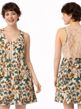 Kimchi Blue Floral Print Lace Back Sleeveless Fit & Flare Mini Dress Front Zip